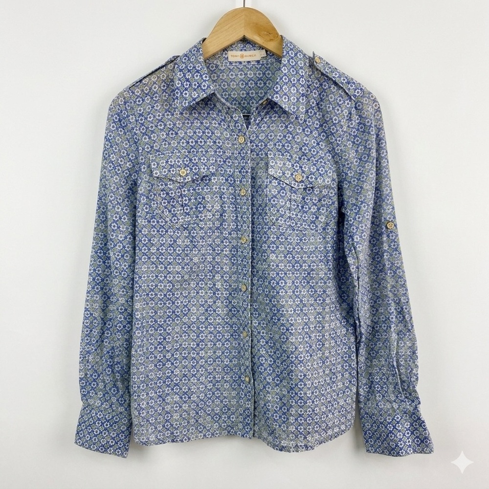 Tory Burch Blue Geometric Tile Print Roll Tab Utility Shirt Size 8